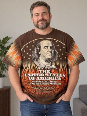 Benjamin Franklin Flame Money Graphic T-Shirt Contender 2XL Brown Streetwear